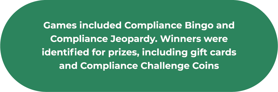 Games included Compliance Bingo and Compliance ​Jeopardy. Winners were identified for prizes, ​including gift cards and Compliance Challenge ​Coins.