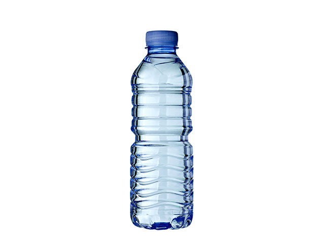 A plastic water bottles with a blue cap