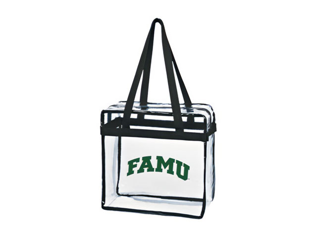 A clear tote bag with "FAMU" printed across the font in a green blocky font