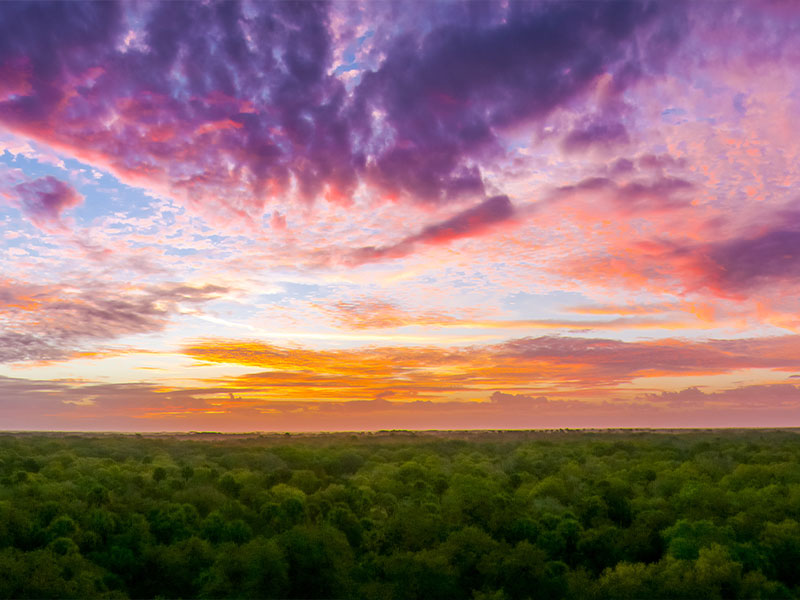 sunset over flat landscape with orange and purple clouds