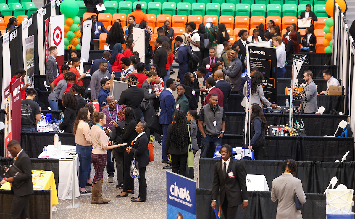 FAMU students meet recruiters at the Spring Career Expo at the Al Lawson Jr. Multipurpose Center on January 24, 2024. (Credit: Glenn Beil)