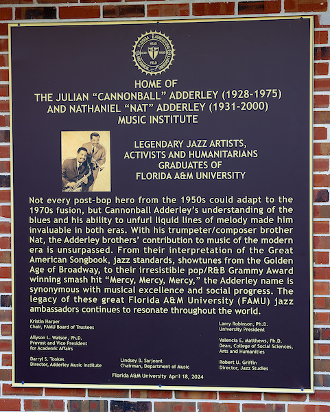  Newly unveiled Julian “Cannonball” Adderley and Nathaniel “Nat” Adderley Music Institute plaque. 