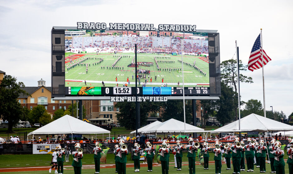 FAMU Marching 100 Band performs at Bragg Memorial Stadium, where the homecoming game will be played.  (Credit: Office of Communications)