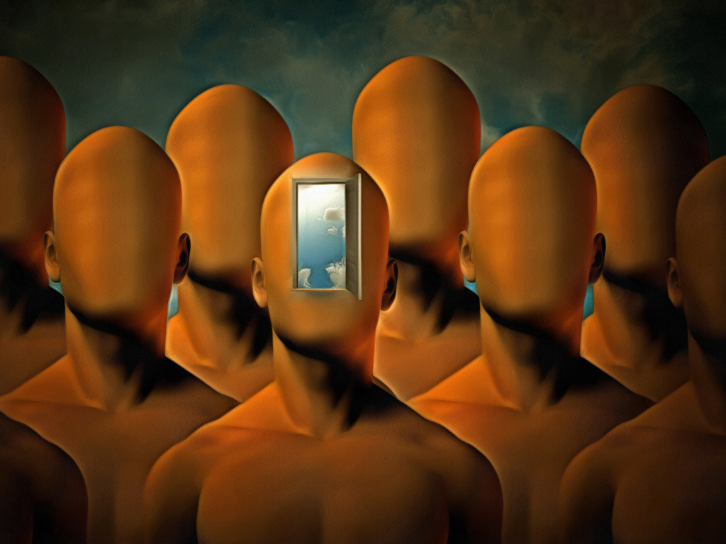 A crowd of orange figures looking up at the sky, one with an open door on their face symbolizing open-mindedness and free thought.