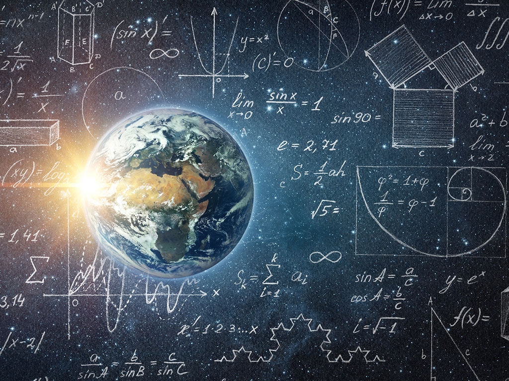 Photo of earth overlayed with theoretical math formulas