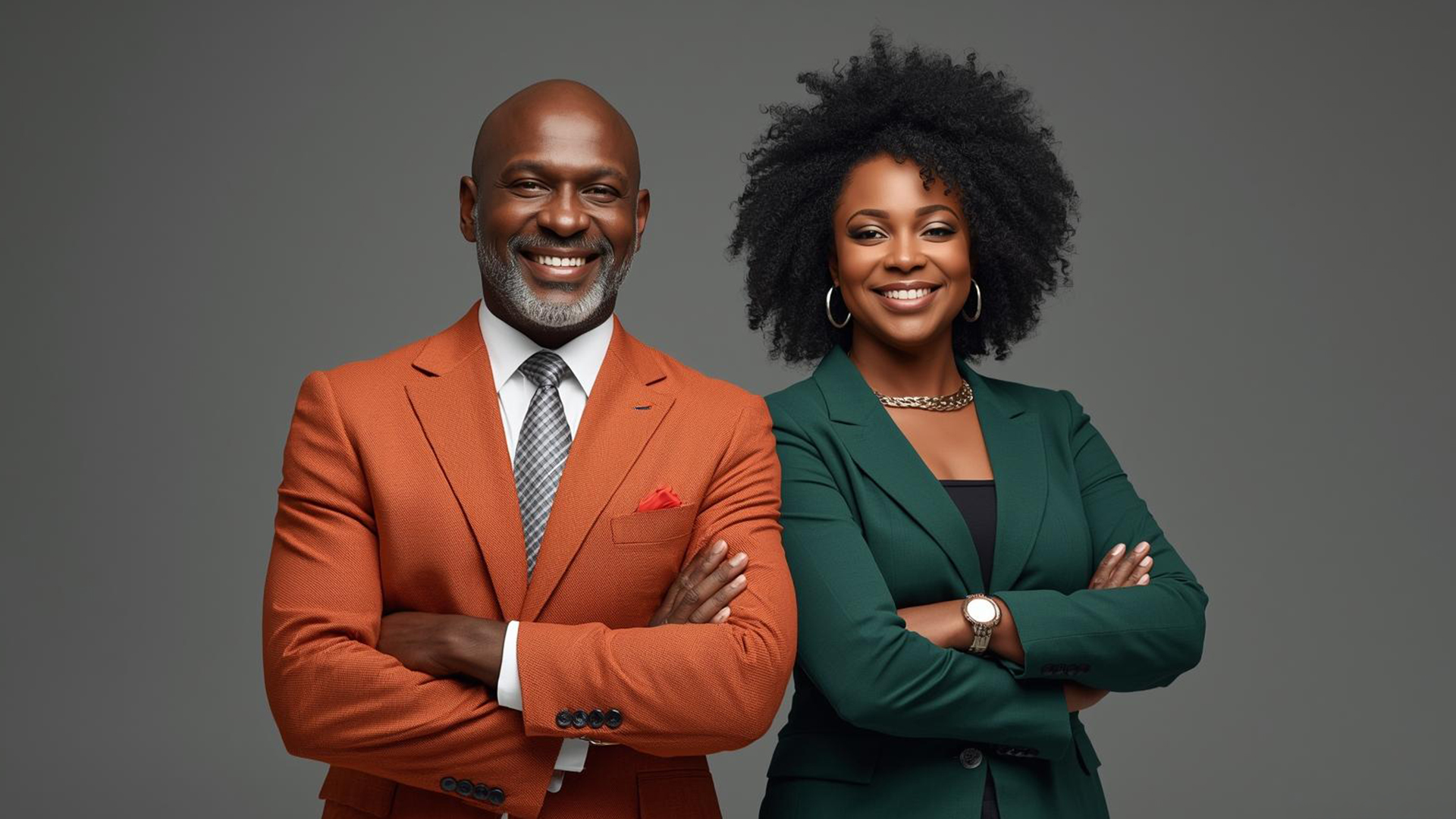 A professional man in an orange suit and a professional woman in a green suit standing side by side with arms crossed, both smiling.