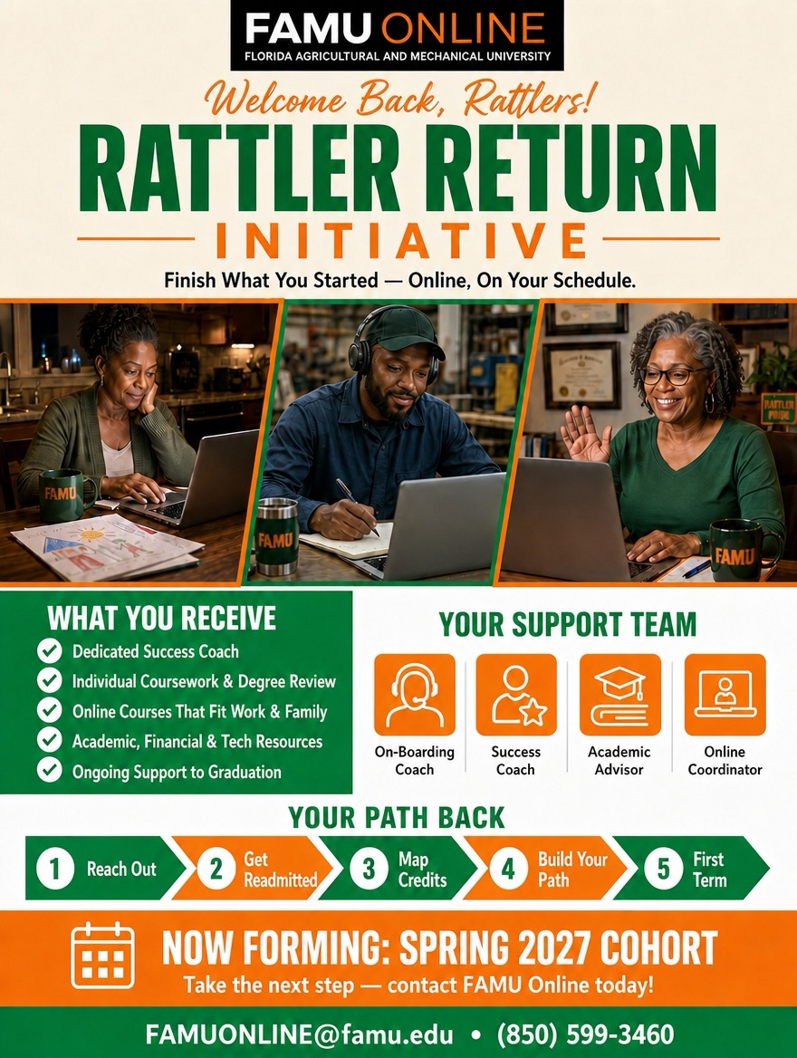 FAMU Online Rattler Return Initiative flyer inviting former FAMU students to return and complete their degree online. The Spring 2027 cohort is now forming. Participants receive a dedicated success coach, individual coursework and degree review, flexible online courses, academic, financial and technology resources, and ongoing support through graduation. The return process includes reaching out, getting readmitted, mapping credits, building a degree path, and beginning the first term. Contact FAMU Online at FAMUOnline@famu.edu or 850-599-3460.