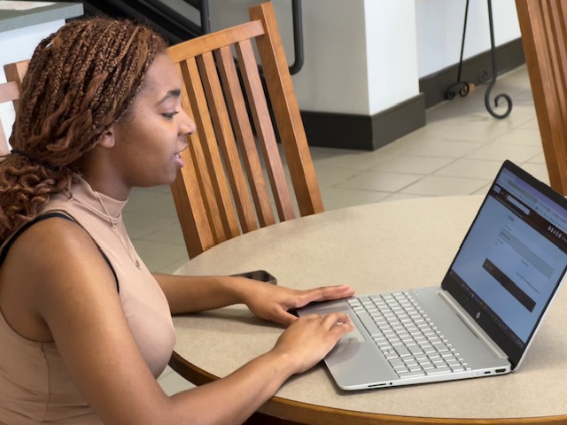 MEBA Intern looking at Digital Archive on laptop