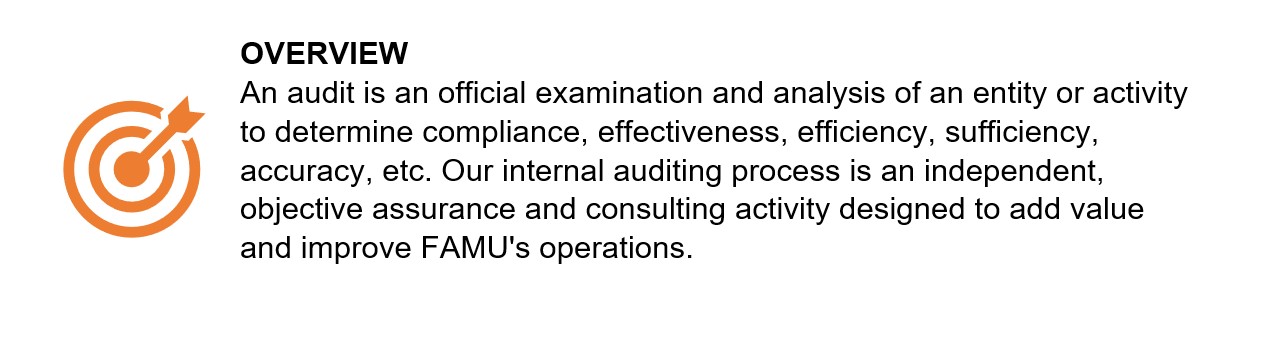 Overview  An audit is an official examination and analysis of an entity or activity to determine compliance, effectiveness, efficiency, sufficiency, accuracy, etc. Our internal auditing process is an independent objective assurance and consulting activity designed to add value and improve FAMU's operations.