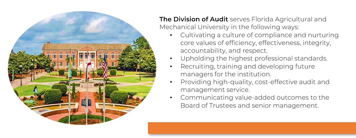 The Division of Audit serves Florida Agricultural and Mechanical University in the following ways: • Cultivating a culture of compliance and nurturing core values of efficiency, effectiveness, integrity, accountability, and respect. • Upholding the highest professional standards. • Recruiting, training and developing future managers for the institution. • Providing high-quality, cost-effective audit and management service. • Communicating value-added outcomes to the Board of Trustees and senior management. 