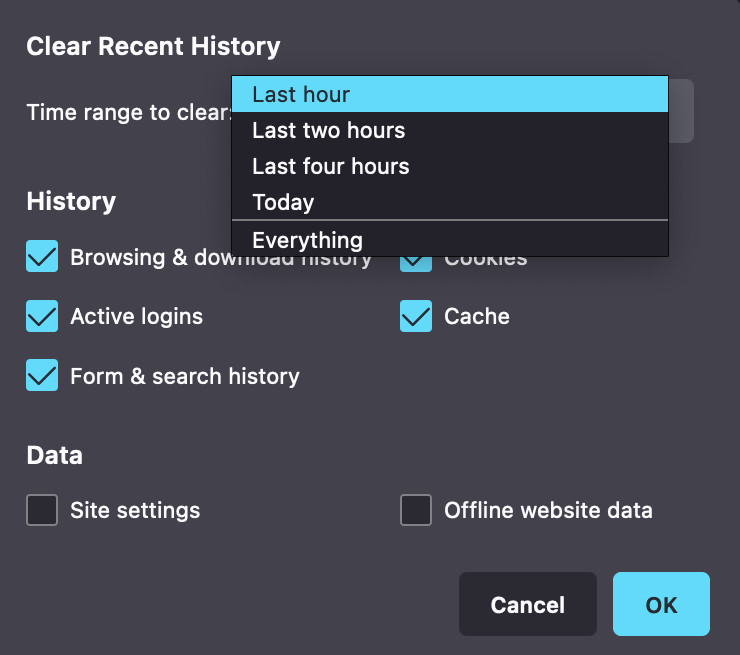 firefox clear recent history window