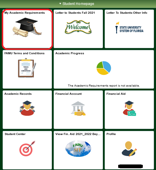 iRattler Campus Solutions Student Homepage - Academic Requirements Button is circled