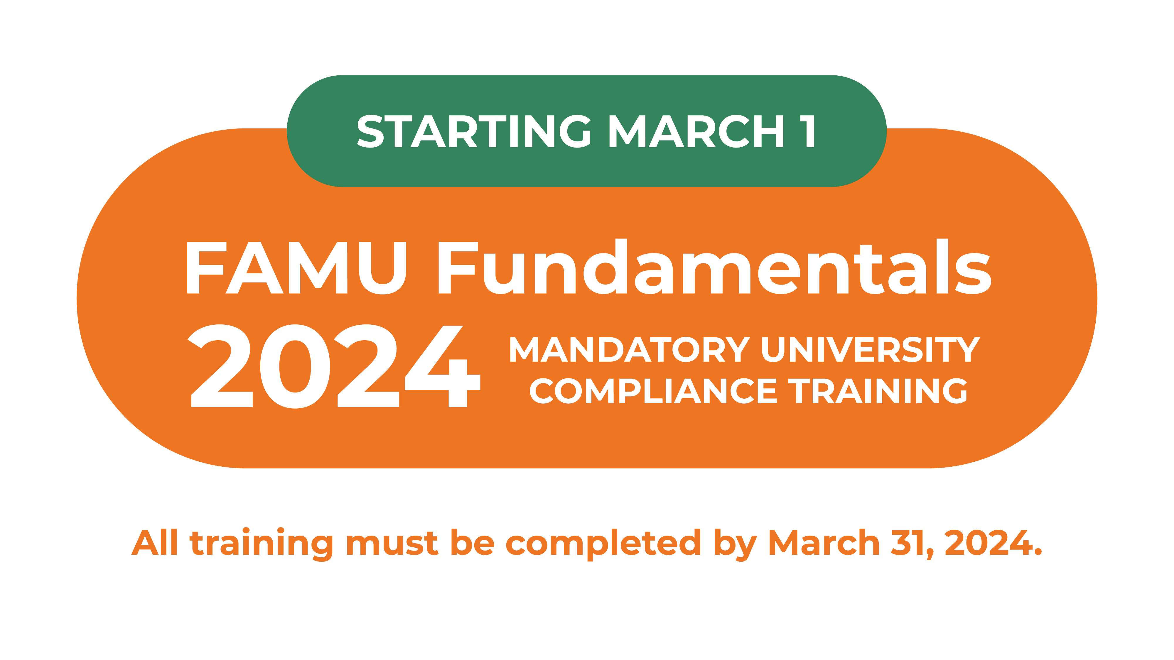 Starting March 1 – FAMU Fundamentals 2024 Mandatory University Compliance Training – All training must be completed by March 31.