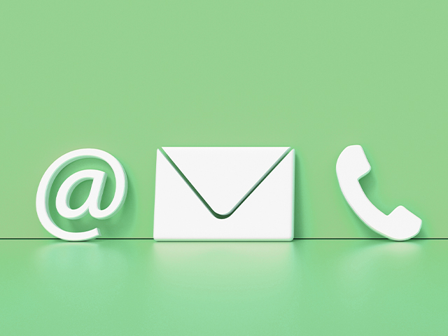white contact symbols representing "@, mail/ email, and a phone" against a green background