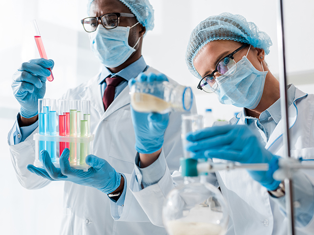 Two biologists doing test in lab