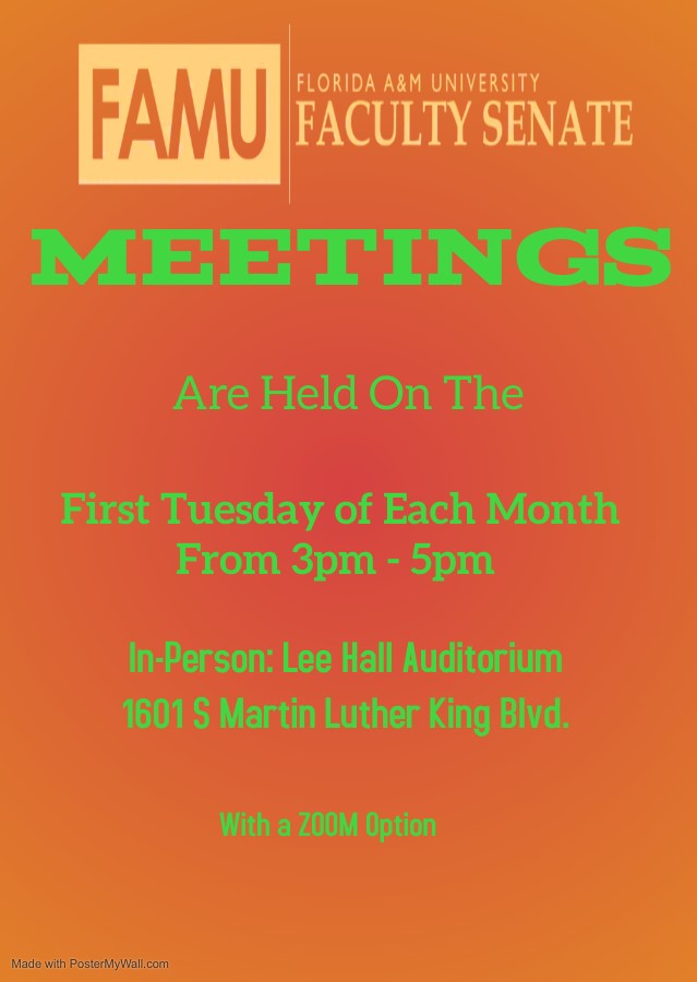 This flyer says "Meetings are held on the first tuesday of each month from 3 p.m. to 5 p.m. | In person at Lee hall Auditorium 1601 South Martin Luther King Blvd., with Zoom option"