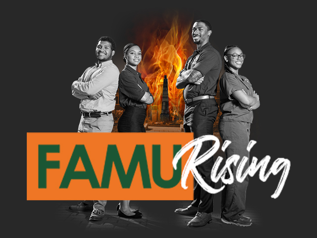 four students standing in front of the famu eternal flame. "FAMU Rising" is the text in front of them
