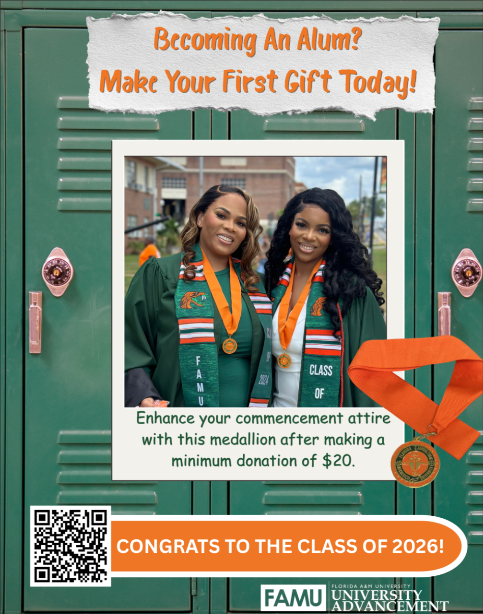two graduates in cap and gown wearing grad medallions