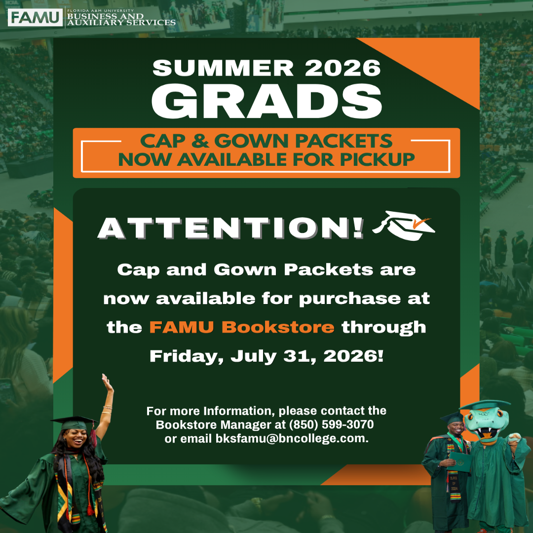 image displaying graduates and venom mascot in cap and gown sharing information on cap and gown pickup date