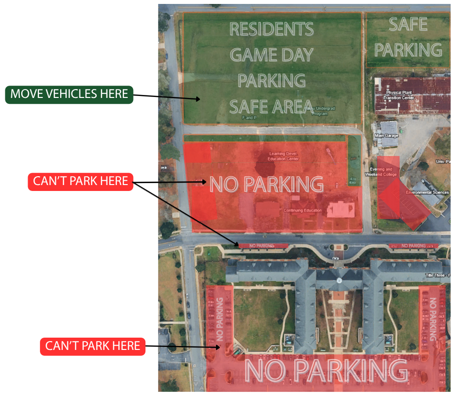 color coded map showing locations that can not be parked in during the game day parking areas. Red indicates no parking, green areas are safe for parking