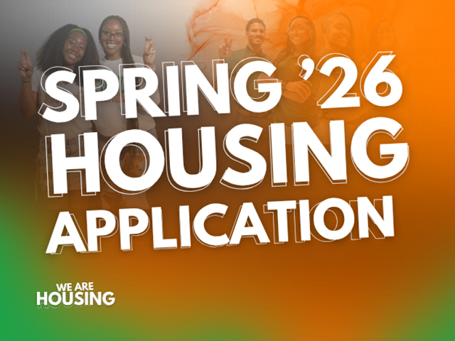 thumbnail on organge and green background with large text that says Spring 2026 Housing application. FAMU Students are very vaguley placed in the background as a branding tool.