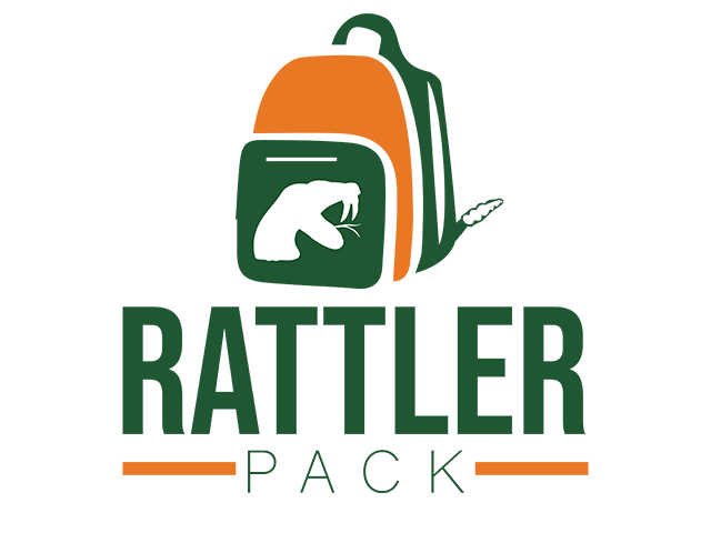 Rattler Pack Logo - An orange and green backpack with the FAMU rattler head logo on the front pocket, accompanied by the text 'RATTLER PACK' in bold letters underneath.