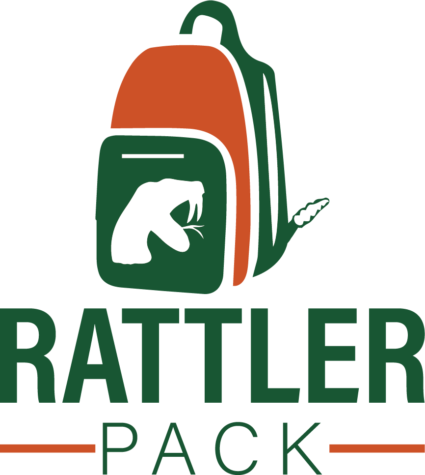Rattler Pack Logo - An orange and green backpack with the FAMU rattler head logo on the front pocket, accompanied by the text 'RATTLER PACK' in bold letters underneath.