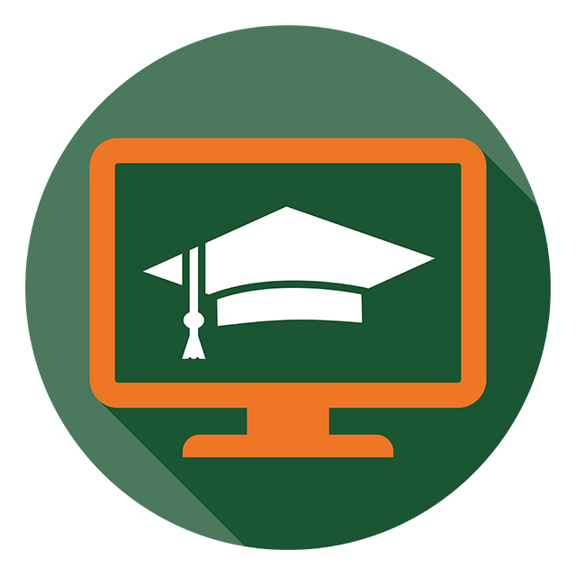 Icon depicting a computer monitor with a graduation cap