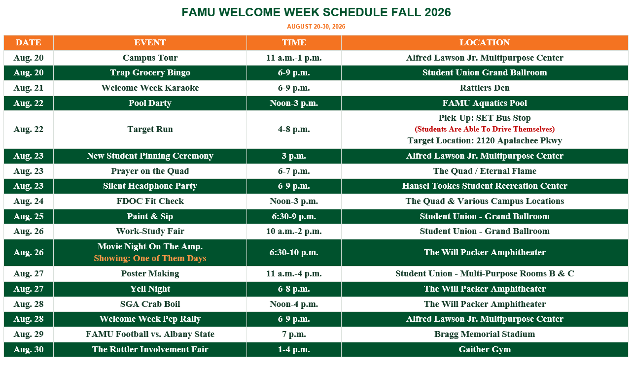 complete run of schedule for welcome week in word form posted as an image