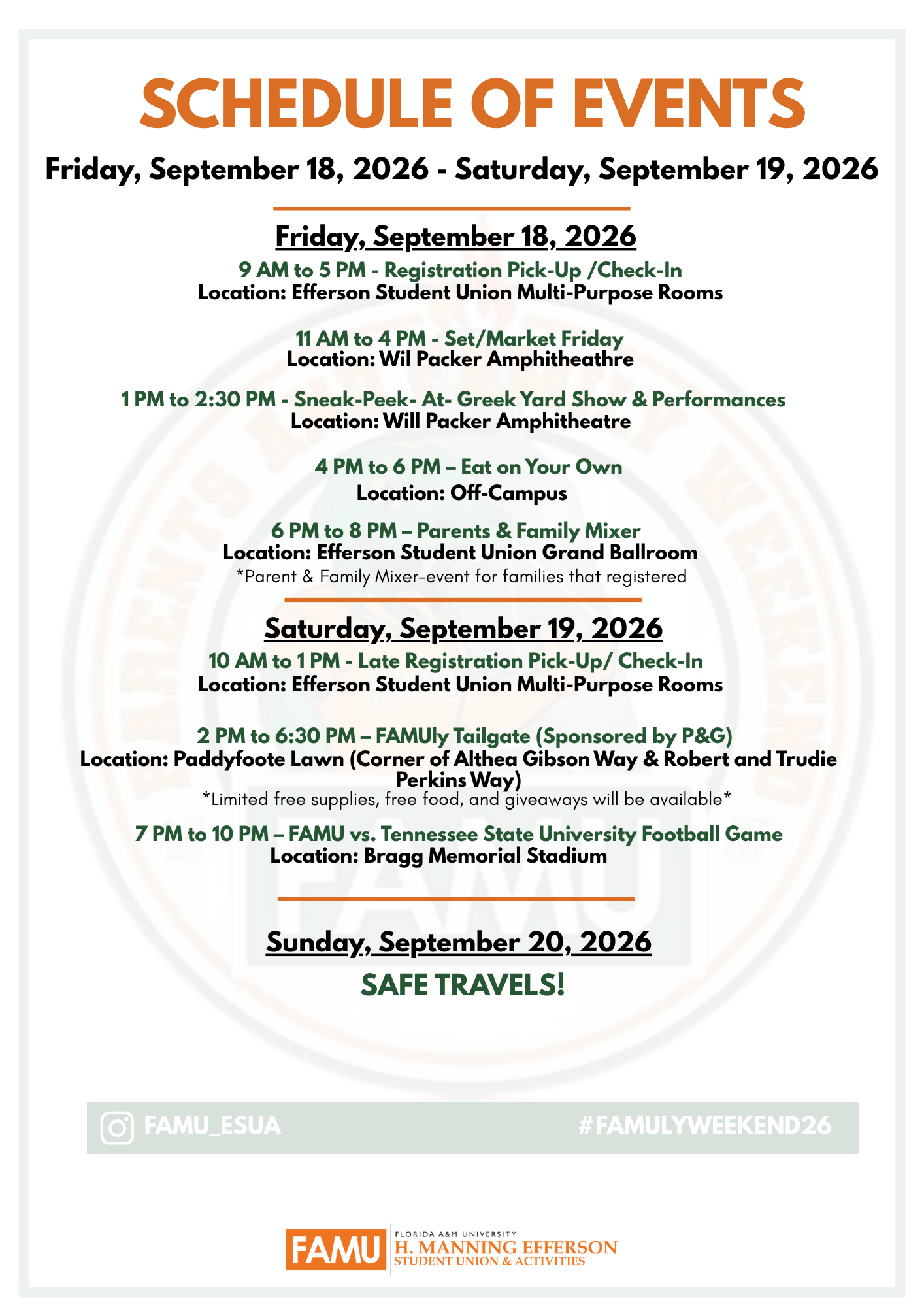 Parents & Family Weekend Event Schedule