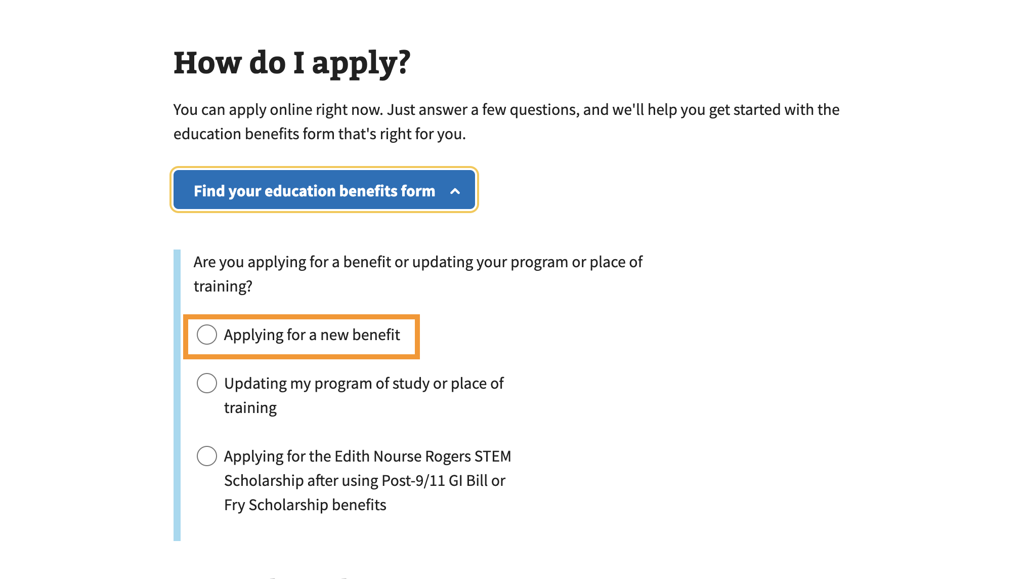 Screenshot of a 'va.gov' webpage featuring a prominent blue button labeled 'Find Your Education Benefits Form,' inviting users to access an educational benefits application.